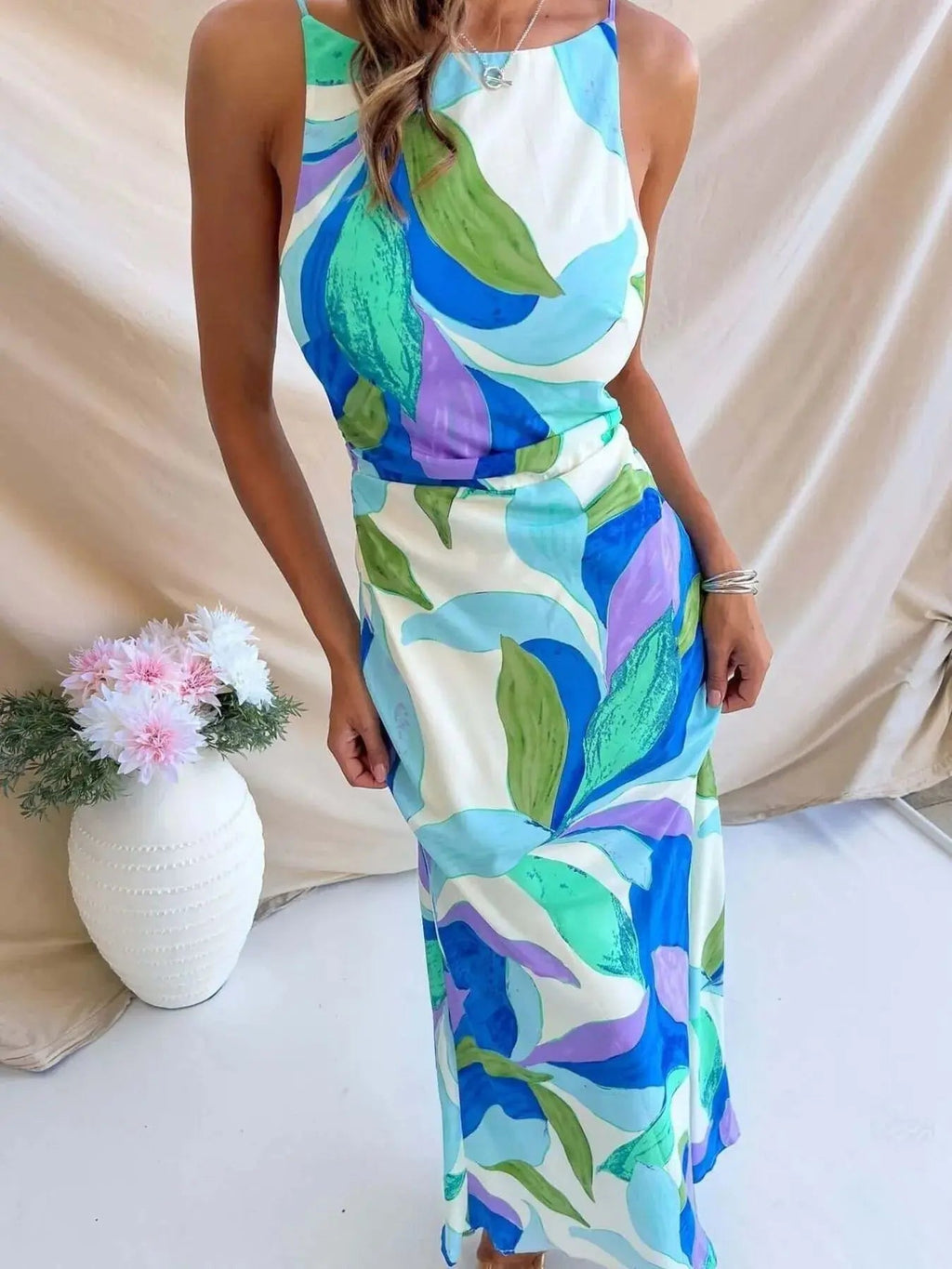 Printed Backless Sleeveless Maxi Dress - Charmdeals