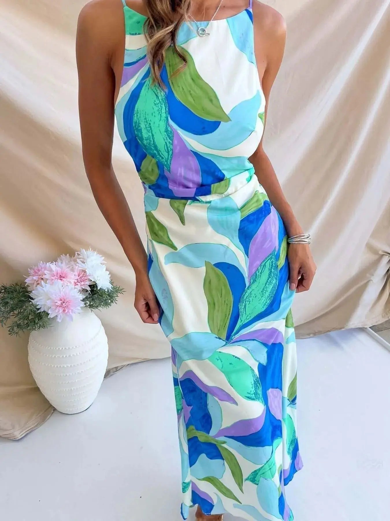Printed Backless Sleeveless Maxi Dress - Charmdeals