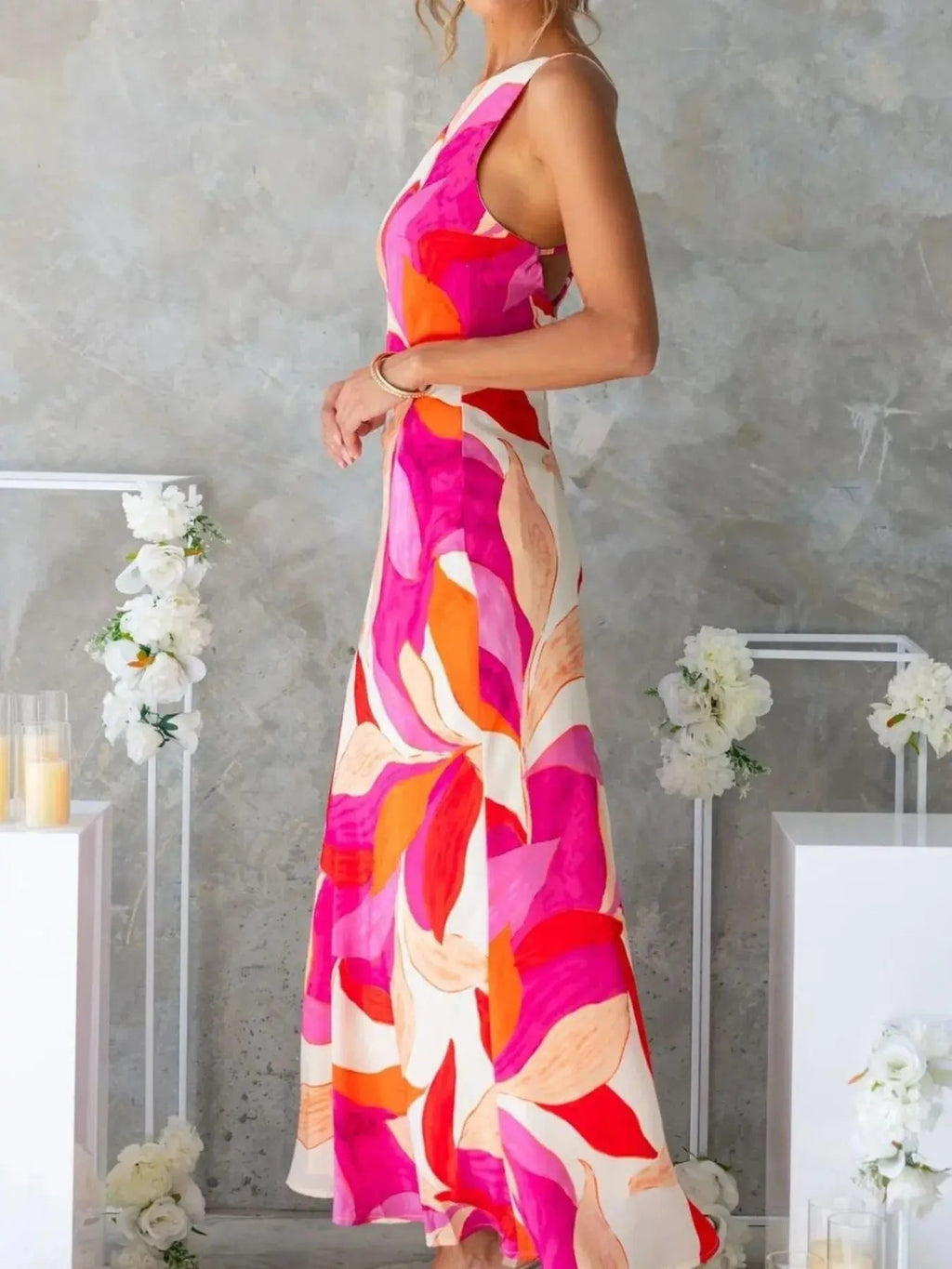 Printed Backless Sleeveless Maxi Dress - Charmdeals
