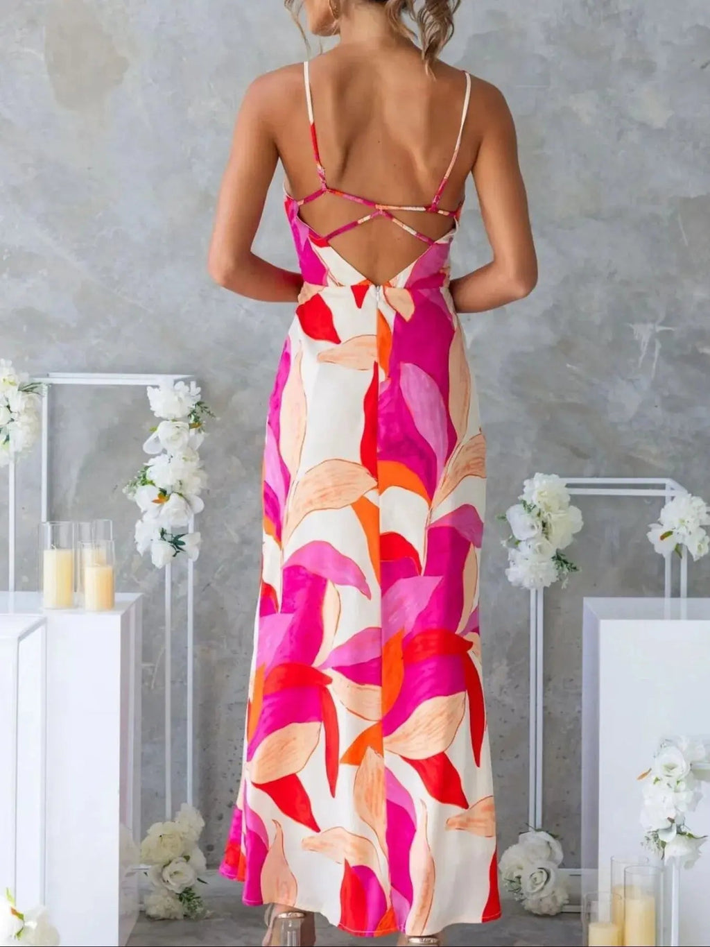 Printed Backless Sleeveless Maxi Dress - Charmdeals