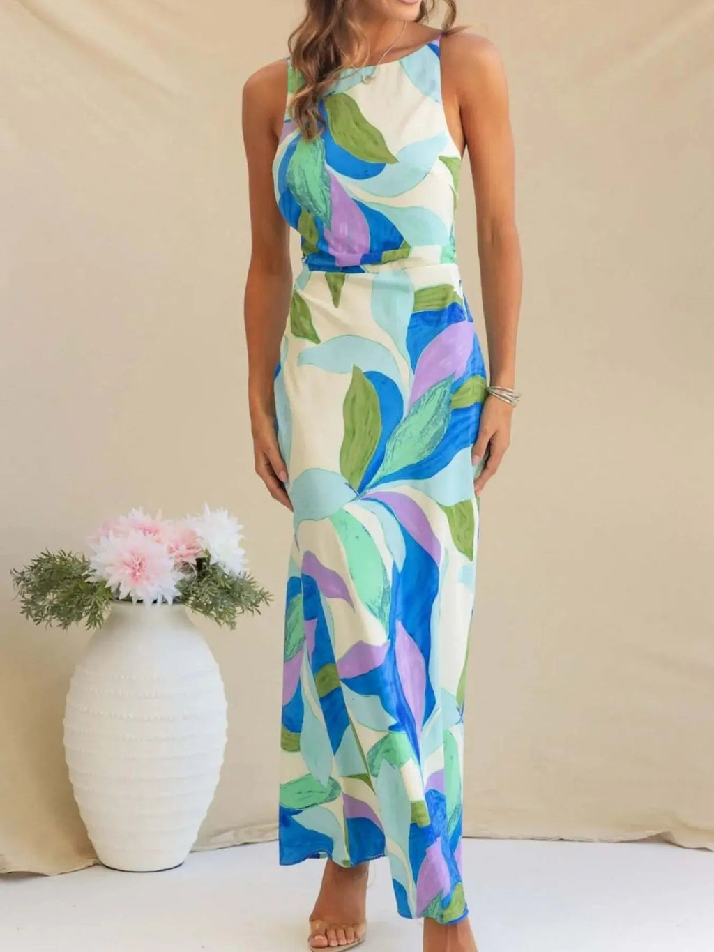 Printed Backless Sleeveless Maxi Dress - Charmdeals