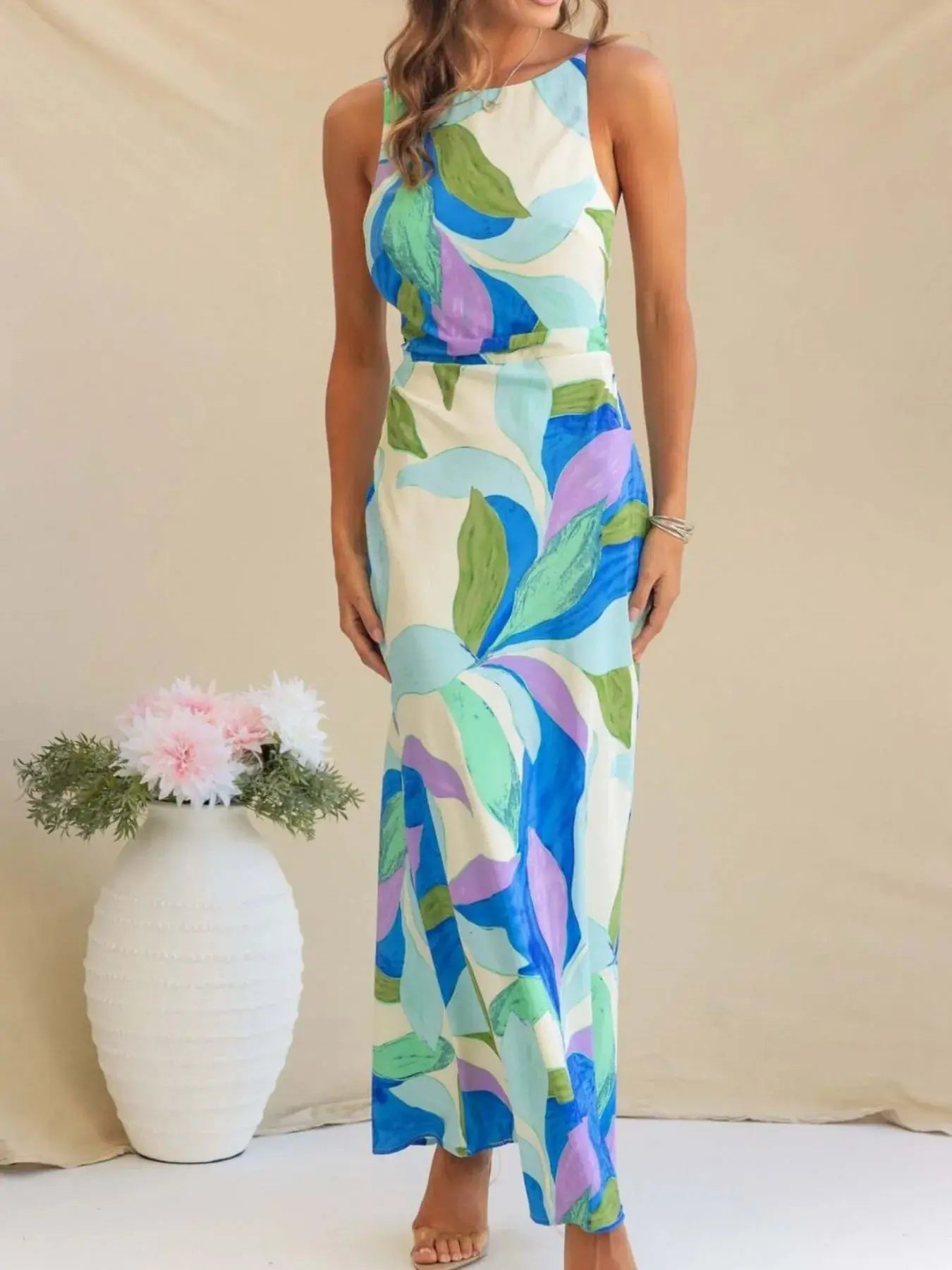 Printed Backless Sleeveless Maxi Dress - Charmdeals