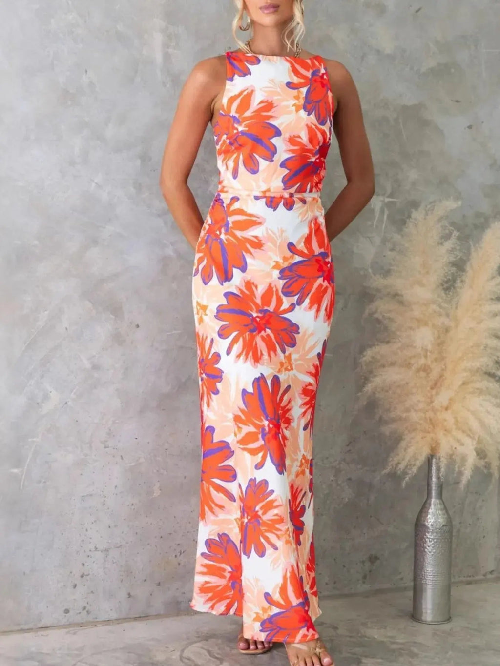 Printed Backless Sleeveless Maxi Dress - Charmdeals
