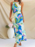 Printed Backless Sleeveless Maxi Dress - Charmdeals