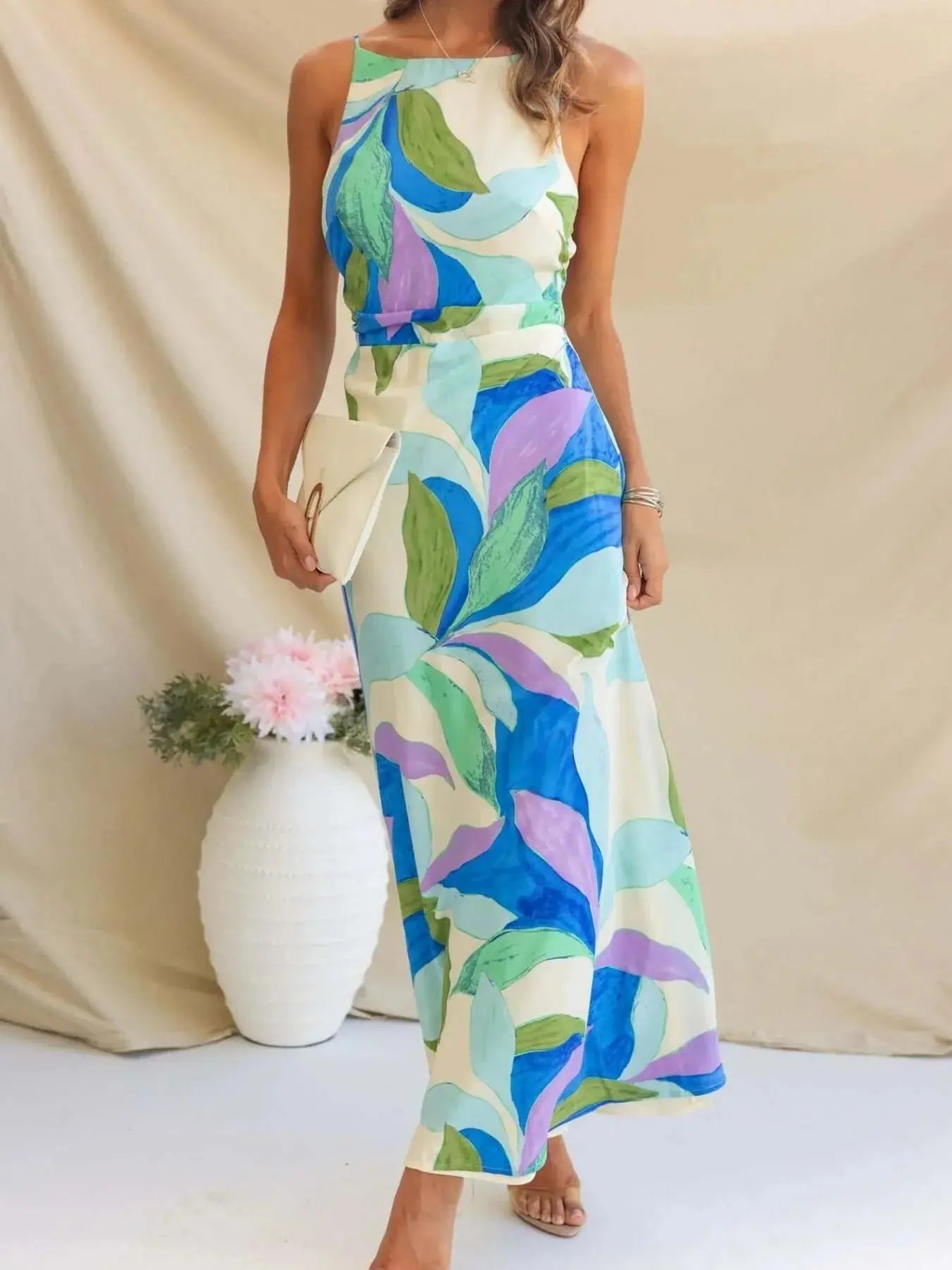 Printed Backless Sleeveless Maxi Dress - Charmdeals