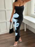 Printed Bodycon Spaghetti Strap Maxi Dress - Charmdeals