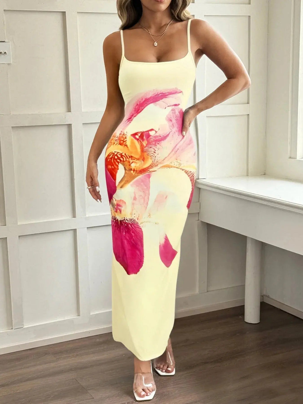 Printed Bodycon Spaghetti Strap Maxi Dress - Charmdeals