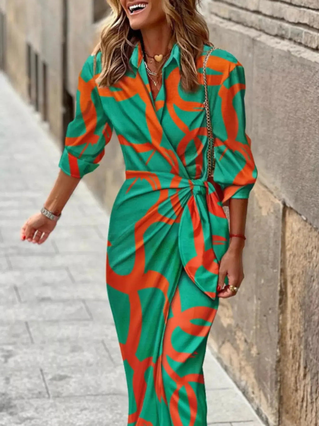 Printed Collared Neck Shirt Dress - Charmdeals