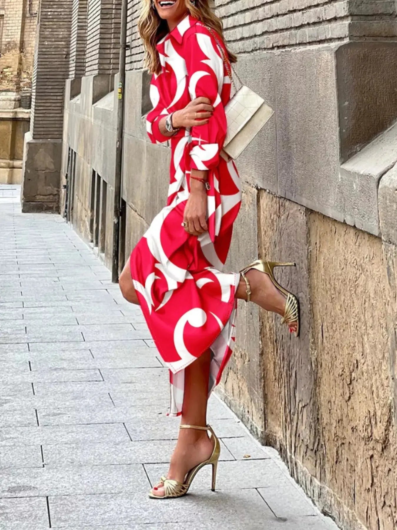 Printed Collared Neck Shirt Dress - Charmdeals