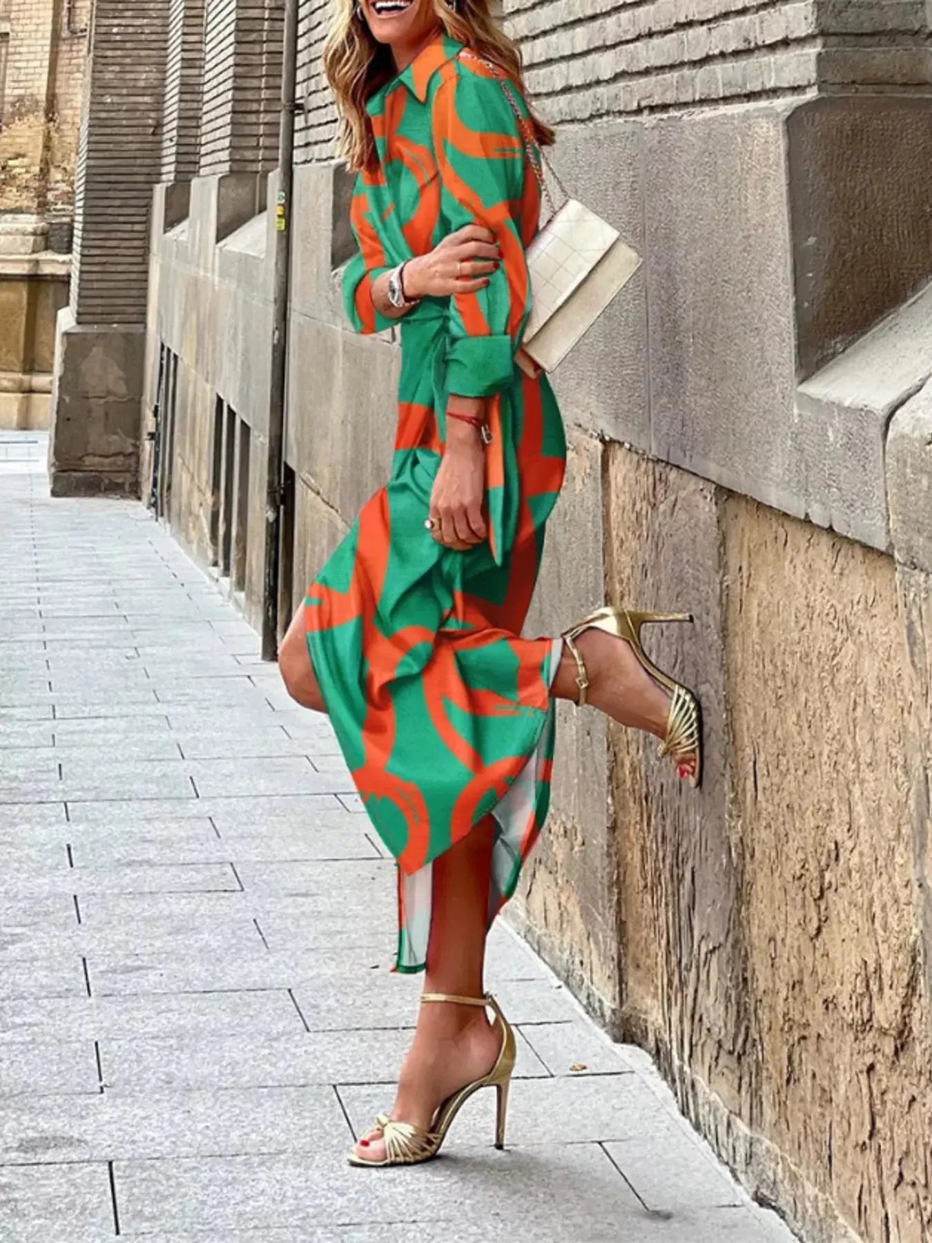 Printed Collared Neck Shirt Dress - Charmdeals