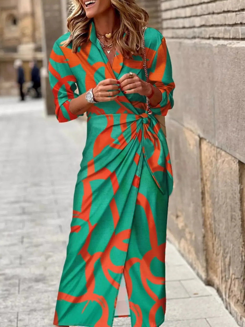 Printed Collared Neck Shirt Dress - Charmdeals