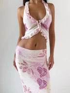 Printed Halter Neck Cami and Maxi Skirt Set - Charmdeals