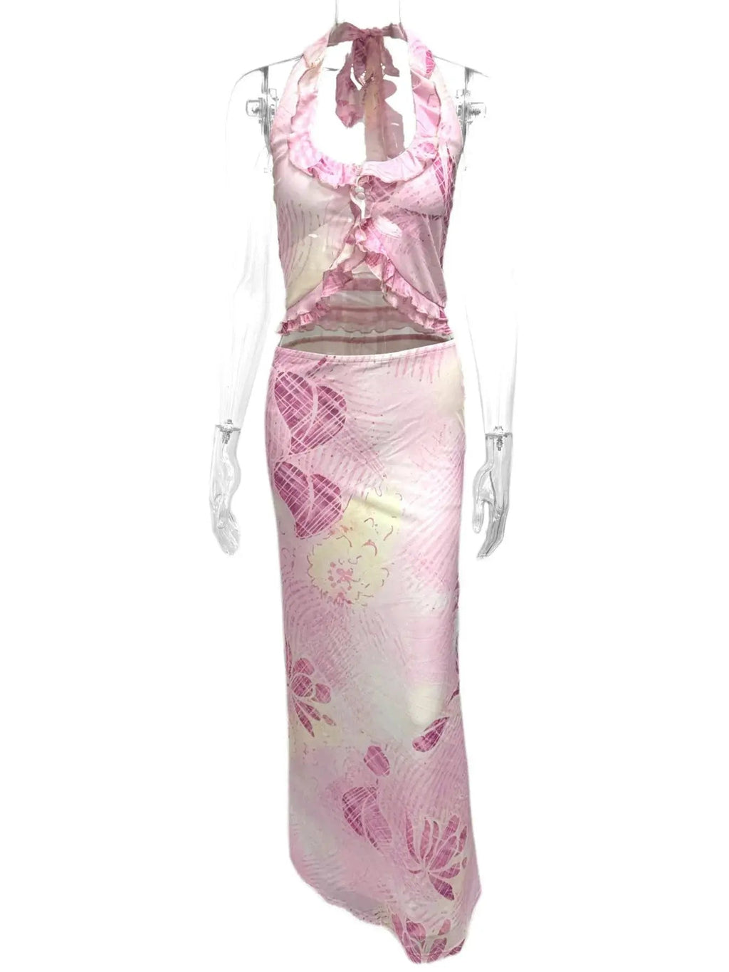 Printed Halter Neck Cami and Maxi Skirt Set - Charmdeals
