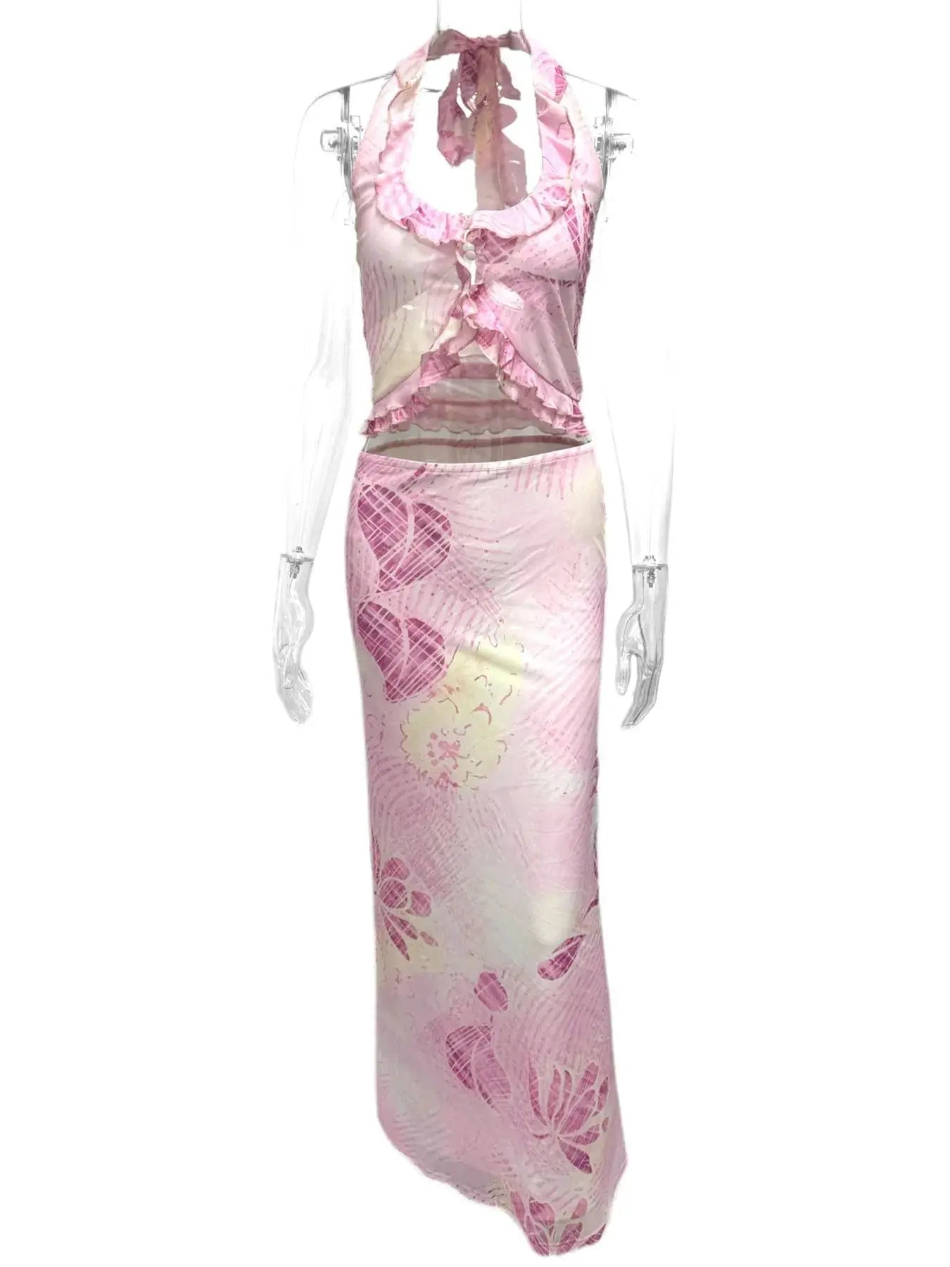 Printed Halter Neck Cami and Maxi Skirt Set - Charmdeals