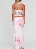 Printed Halter Neck Cami and Maxi Skirt Set - Charmdeals