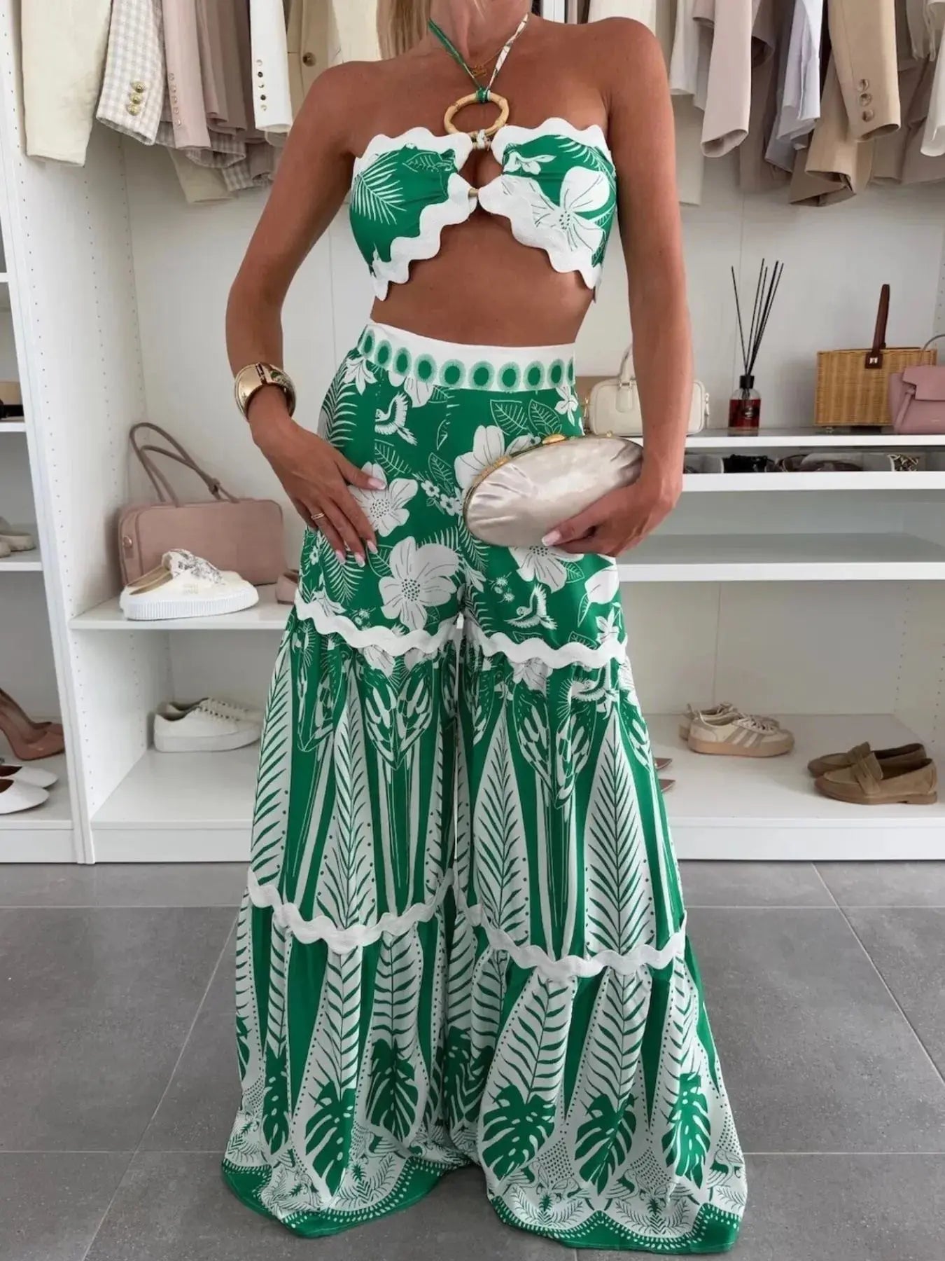 Printed Halter Neck Cami and Skirt Set - Charmdeals