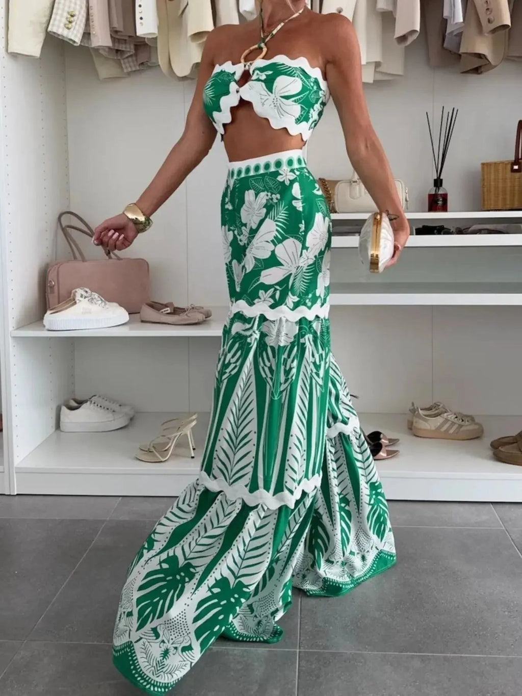 Printed Halter Neck Cami and Skirt Set - Charmdeals