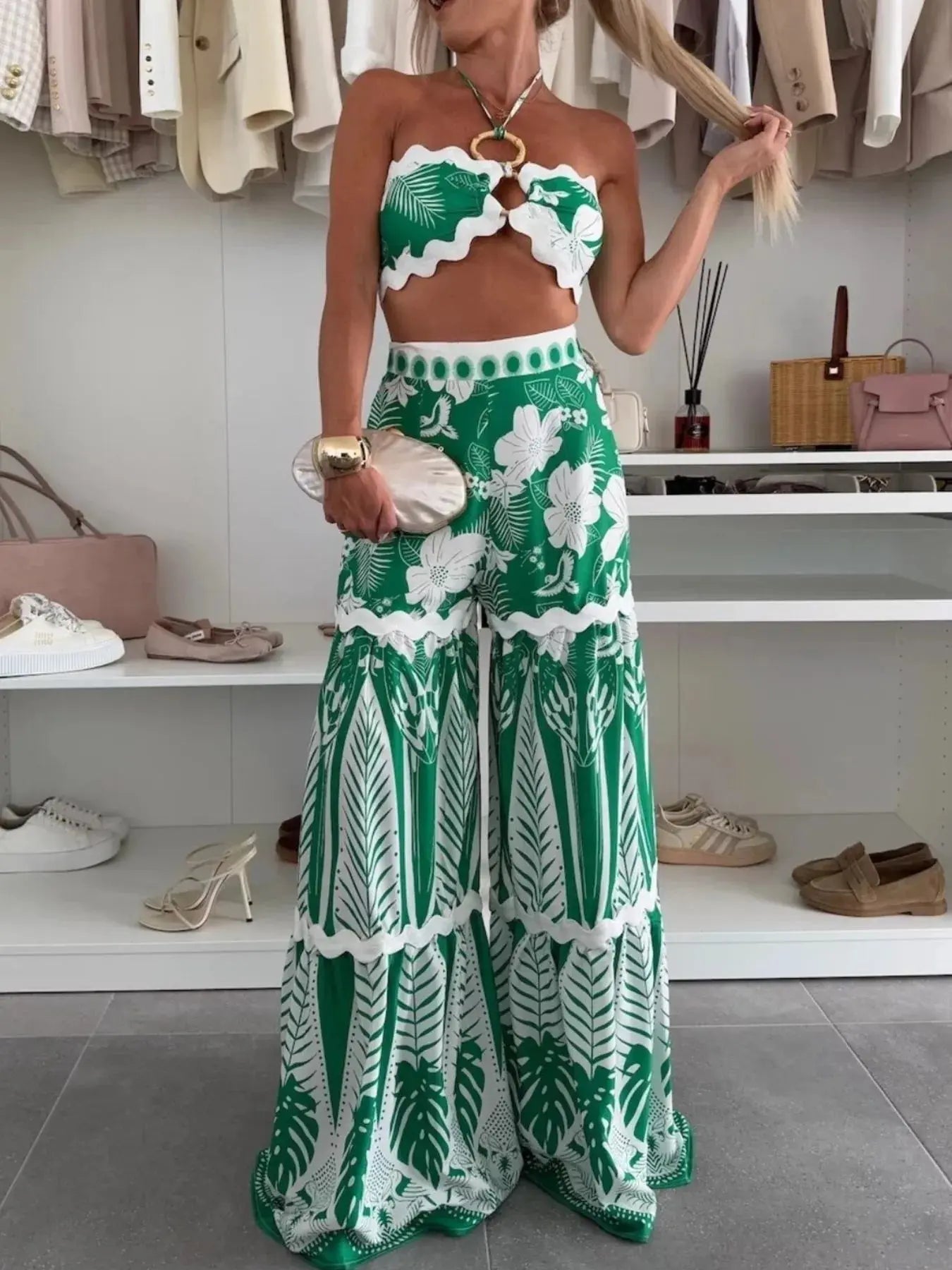 Printed Halter Neck Cami and Skirt Set - Charmdeals