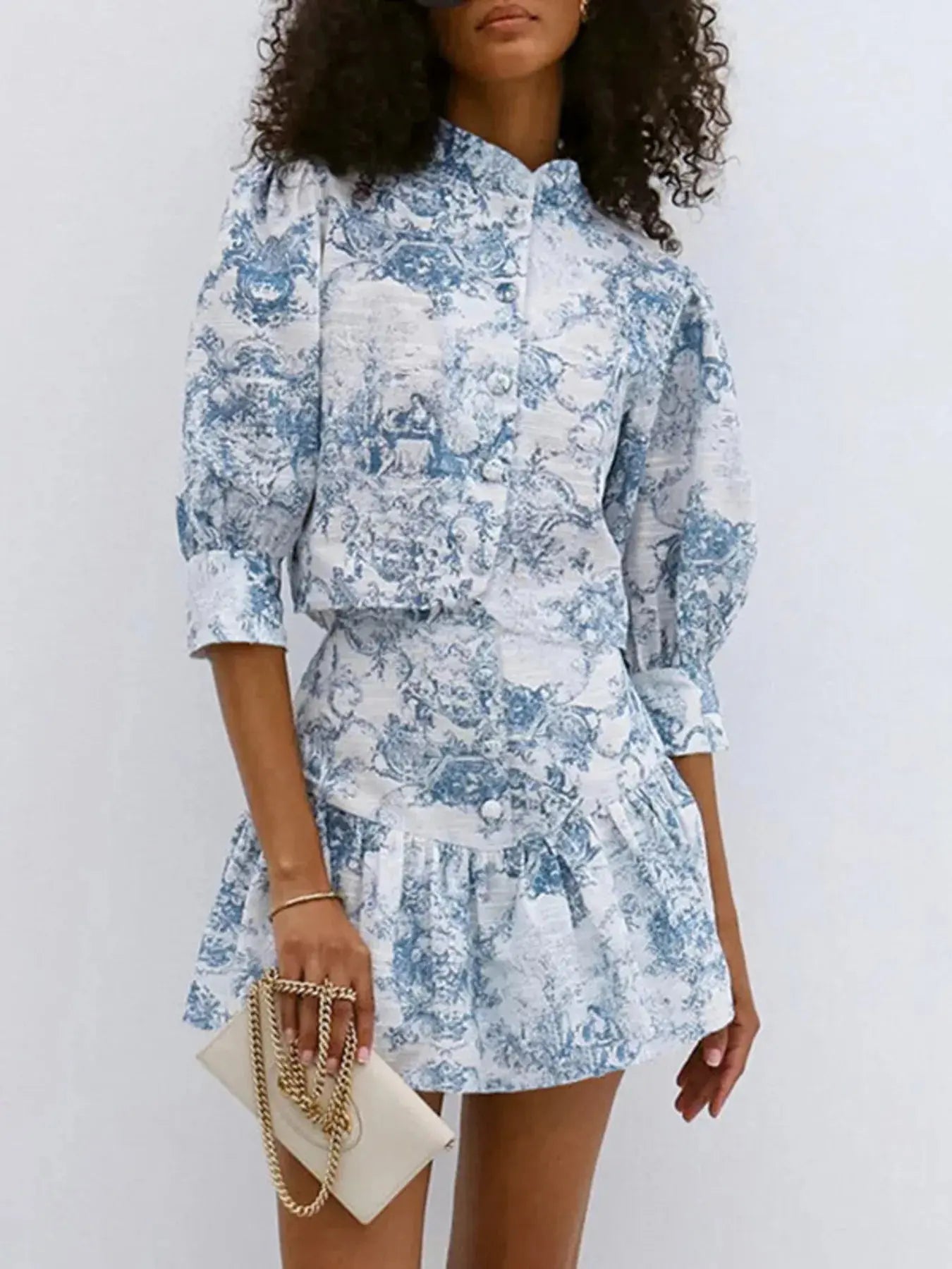 Printed Mock Neck Top and Skirt Set - Charmdeals