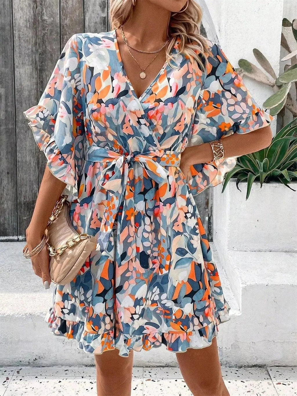 Printed Surplice Half Sleeve Dress - Charmdeals