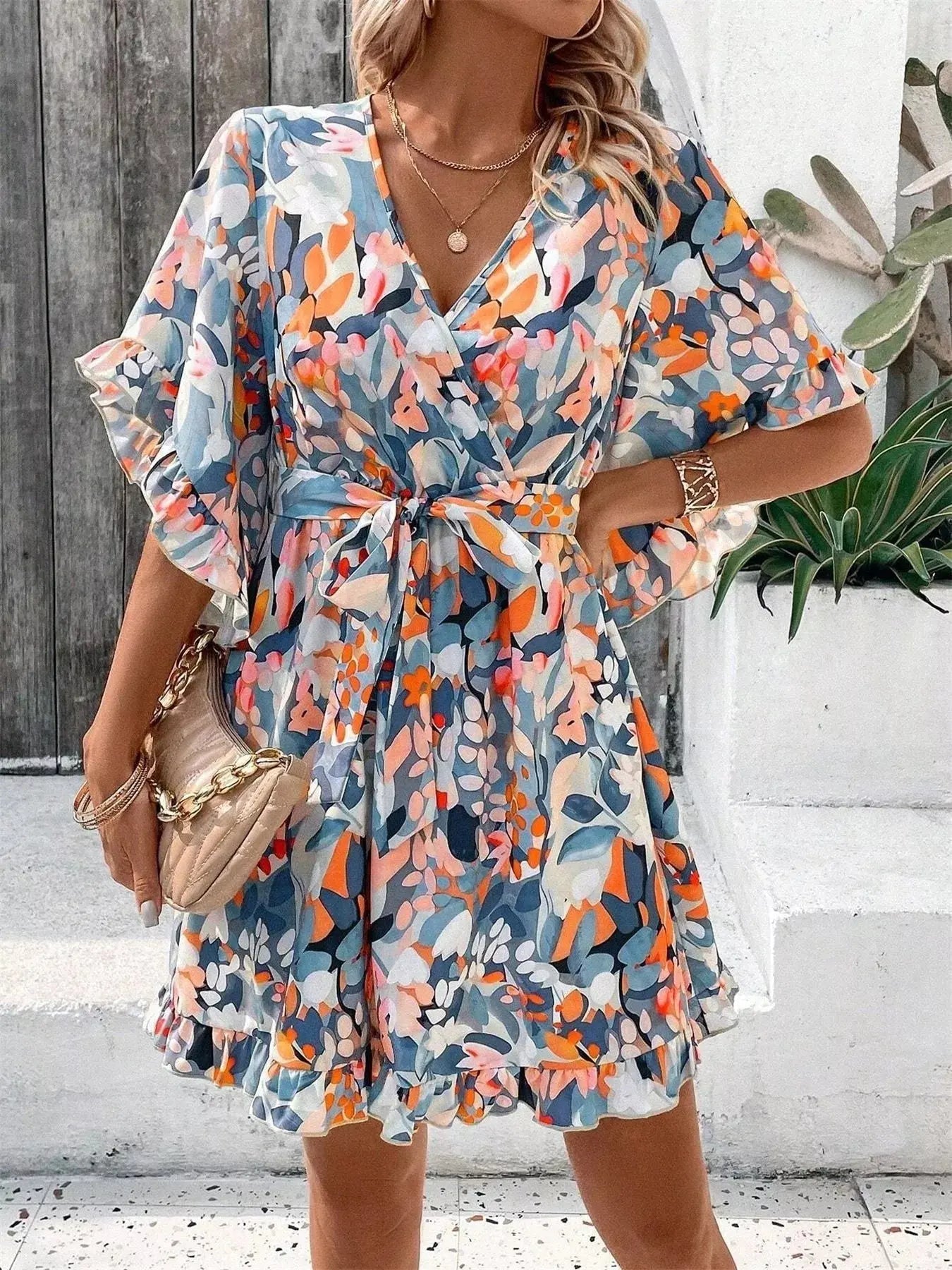 Printed Surplice Half Sleeve Dress - Charmdeals