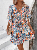 Printed Surplice Half Sleeve Dress - Charmdeals