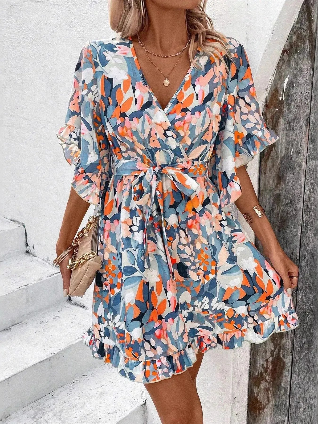 Printed Surplice Half Sleeve Dress - Charmdeals