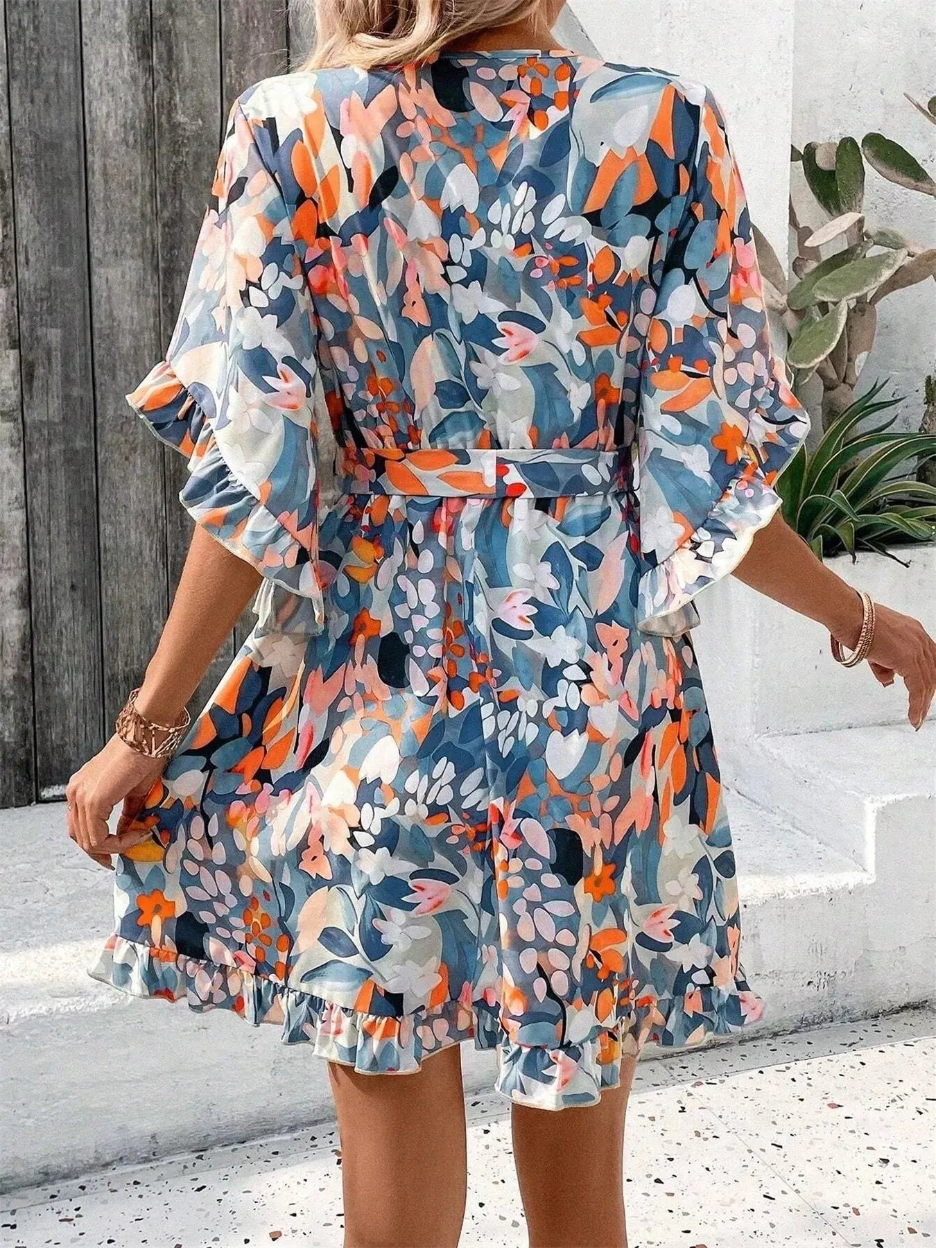 Printed Surplice Half Sleeve Dress - Charmdeals