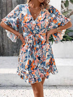 Printed Surplice Half Sleeve Dress - Charmdeals