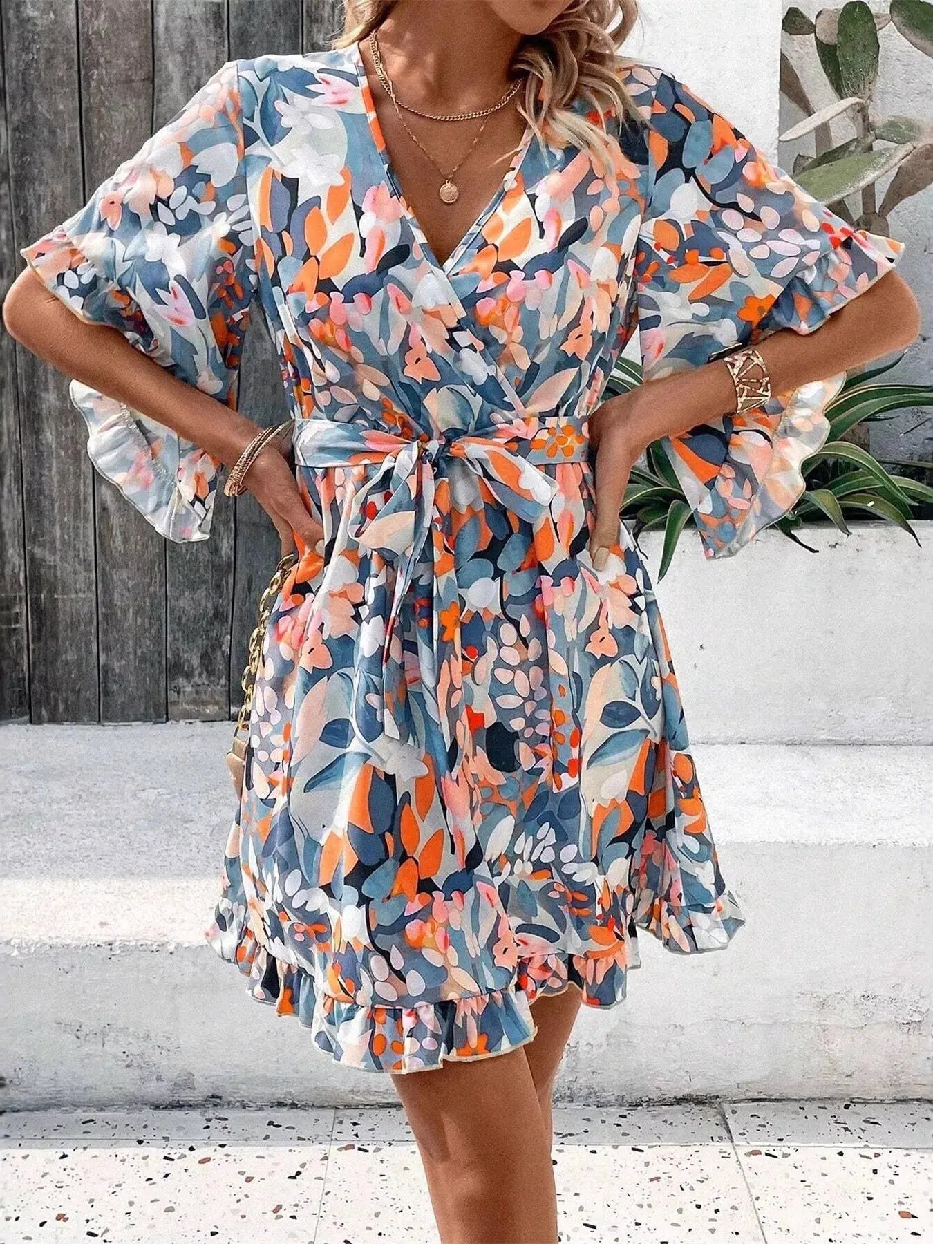Printed Surplice Half Sleeve Dress - Charmdeals