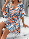 Printed Surplice Half Sleeve Dress - Charmdeals