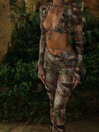 Printed Tie Front Top and Pants Set - Charmdeals