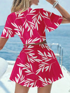Printed Tie Front Top and Shorts Set - Charmdeals