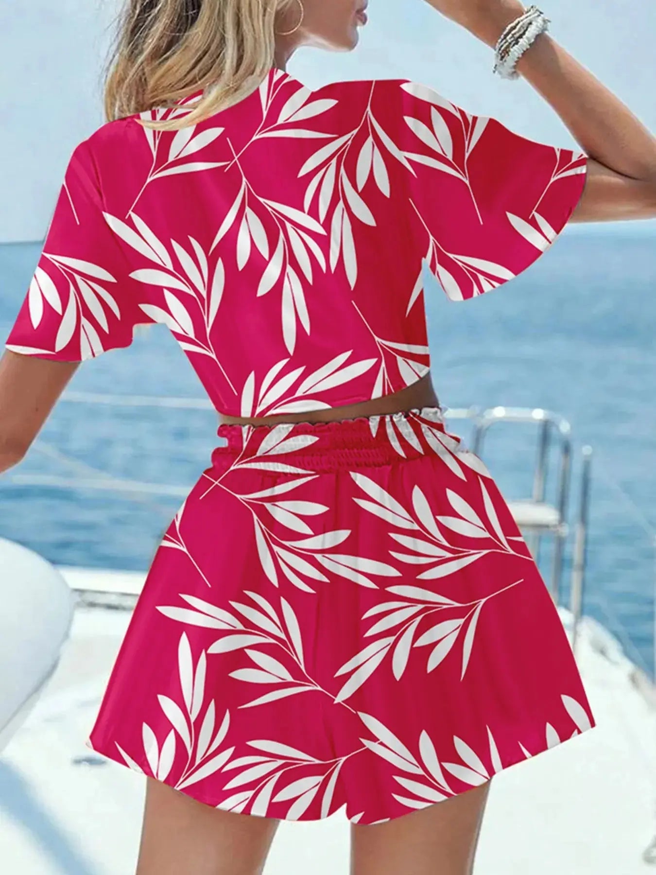Printed Tie Front Top and Shorts Set - Charmdeals