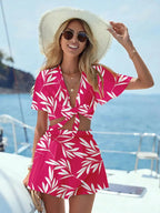 Printed Tie Front Top and Shorts Set - Charmdeals