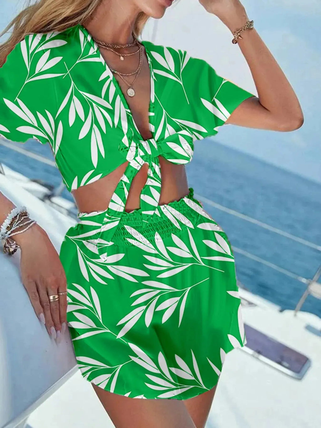 Printed Tie Front Top and Shorts Set - Charmdeals