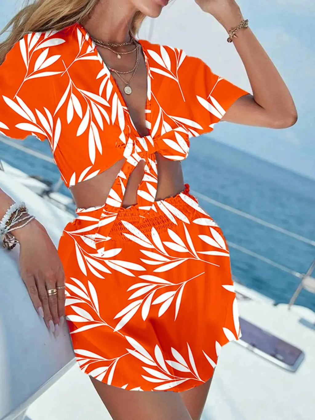 Printed Tie Front Top and Shorts Set - Charmdeals