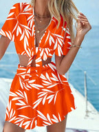 Printed Tie Front Top and Shorts Set - Charmdeals