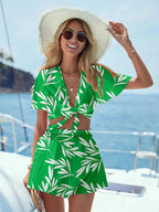 Printed Tie Front Top and Shorts Set - Charmdeals