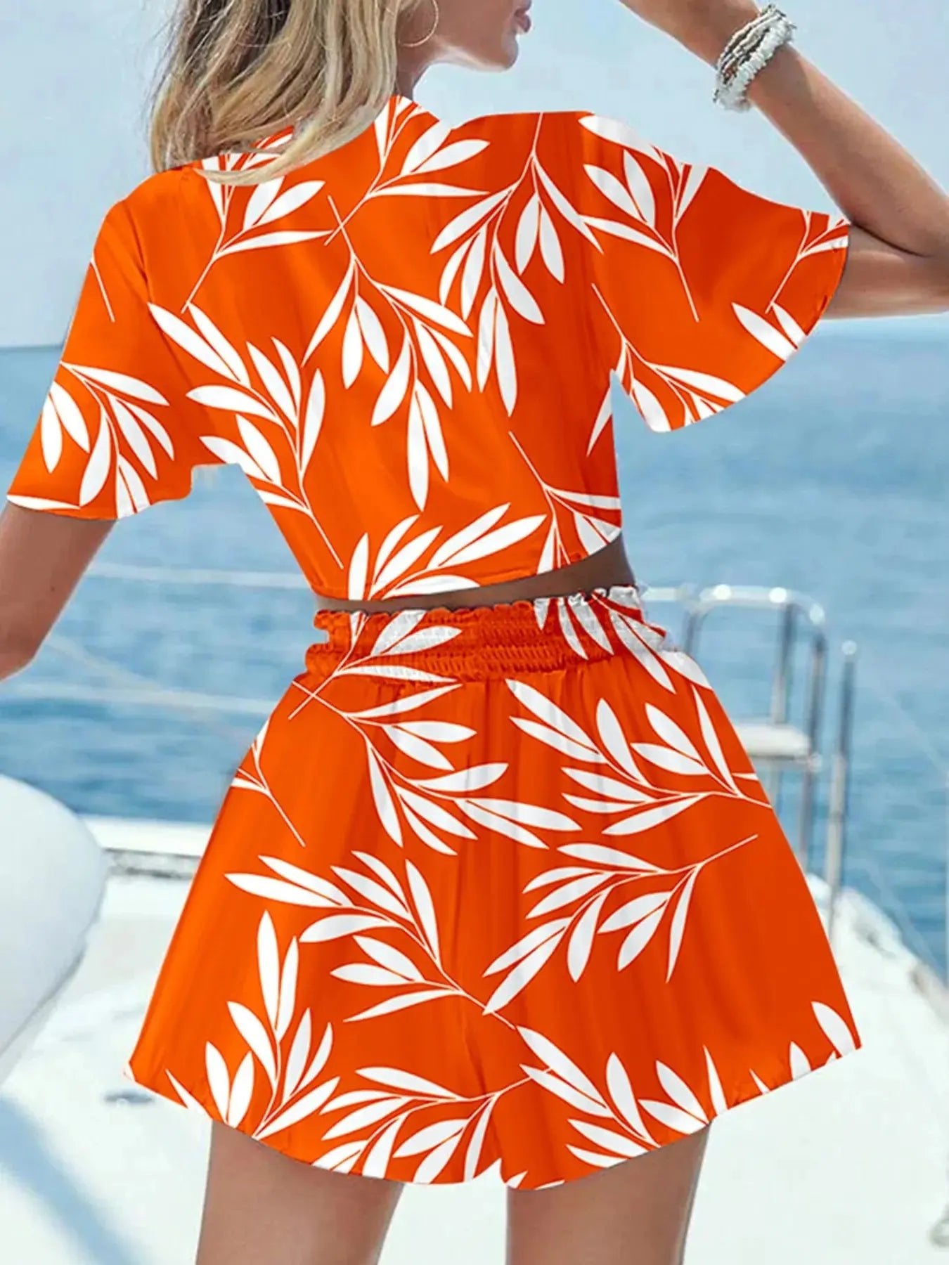 Printed Tie Front Top and Shorts Set - Charmdeals