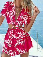 Printed Tie Front Top and Shorts Set - Charmdeals