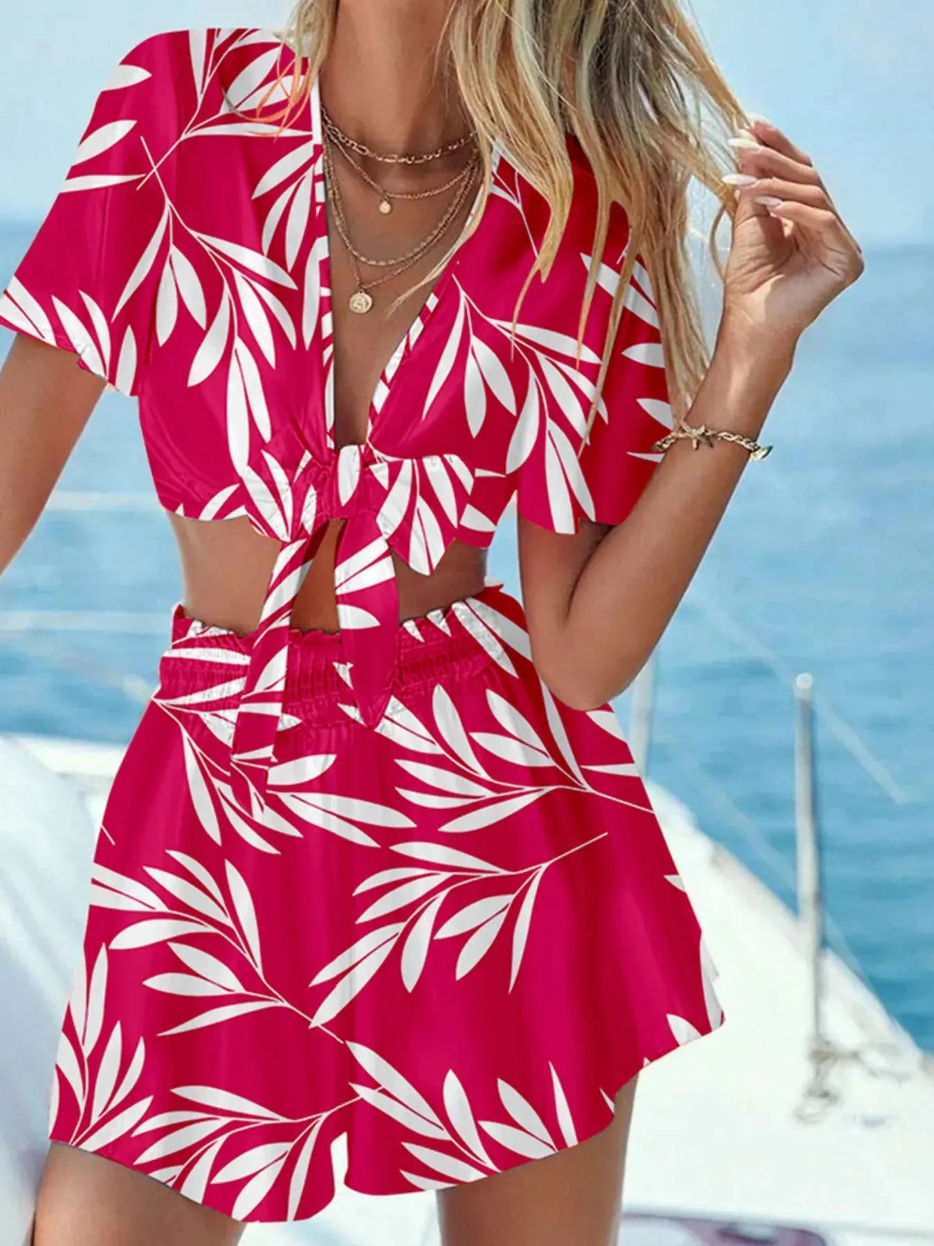 Printed Tie Front Top and Shorts Set - Charmdeals
