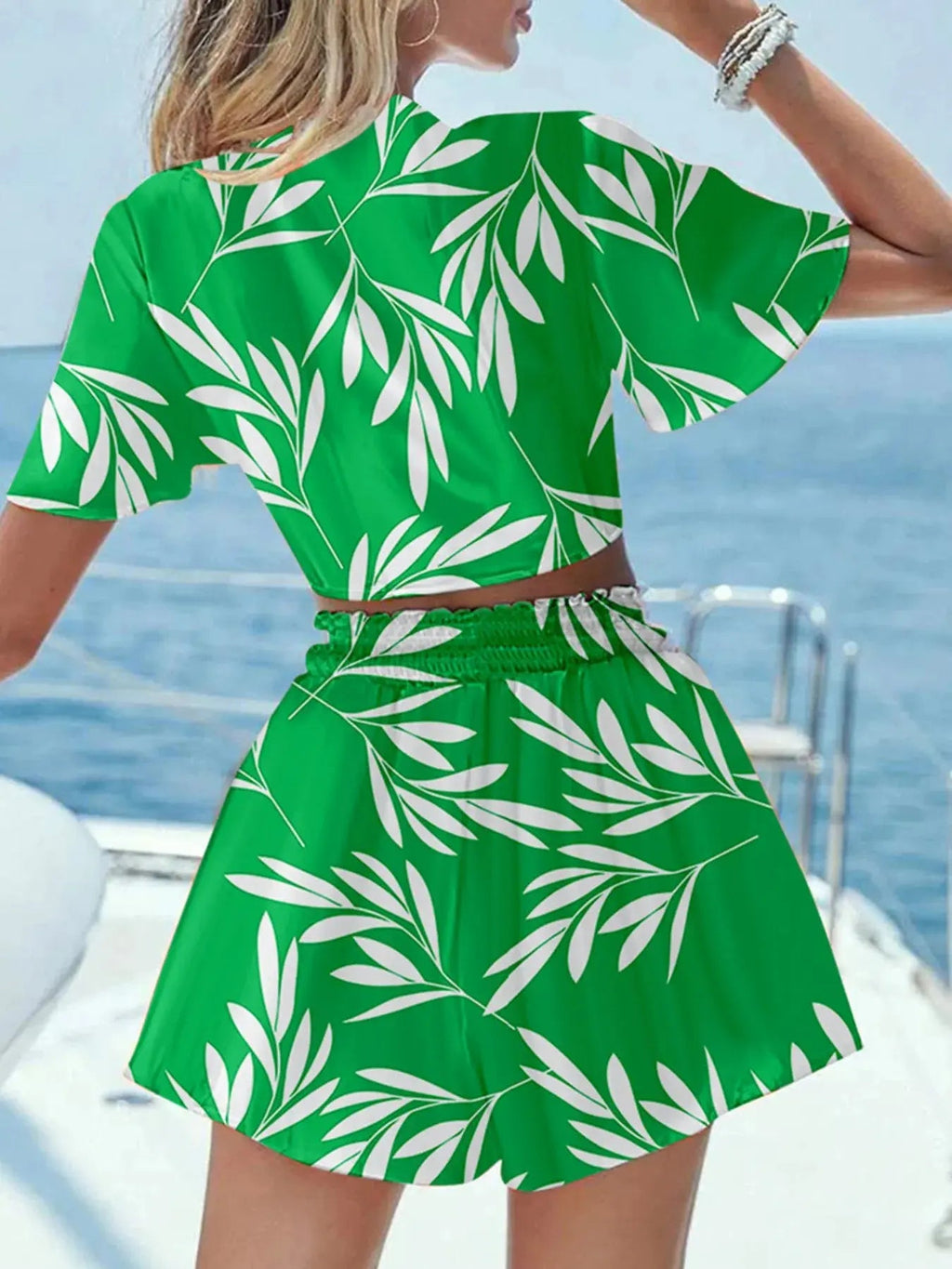 Printed Tie Front Top and Shorts Set - Charmdeals