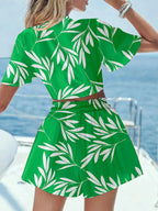 Printed Tie Front Top and Shorts Set - Charmdeals
