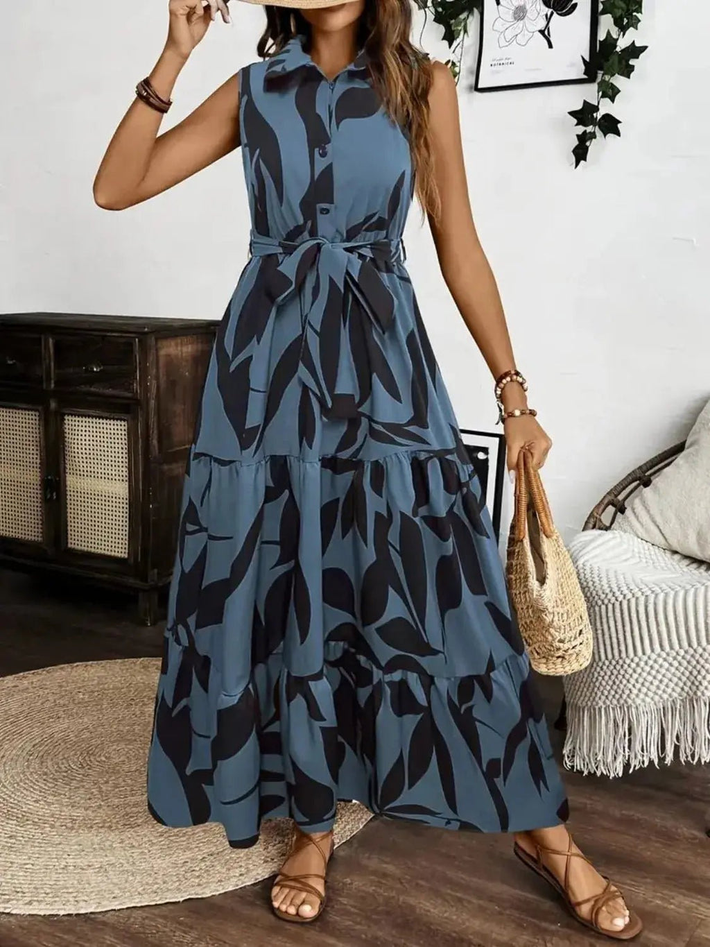 Printed Tie Waist Sleeveless Maxi Dress - Charmdeals