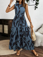 Printed Tie Waist Sleeveless Maxi Dress - Charmdeals