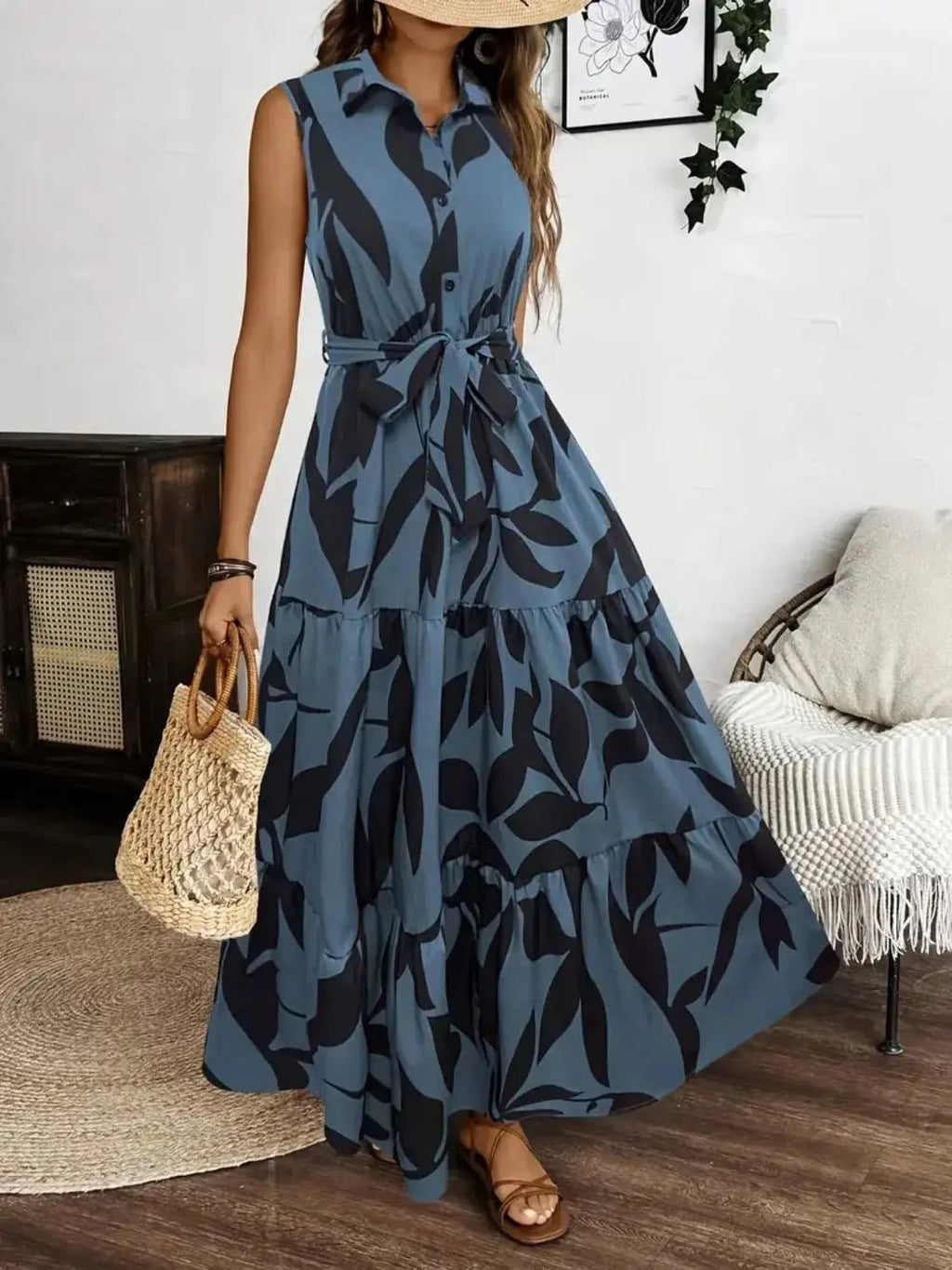 Printed Tie Waist Sleeveless Maxi Dress - Charmdeals
