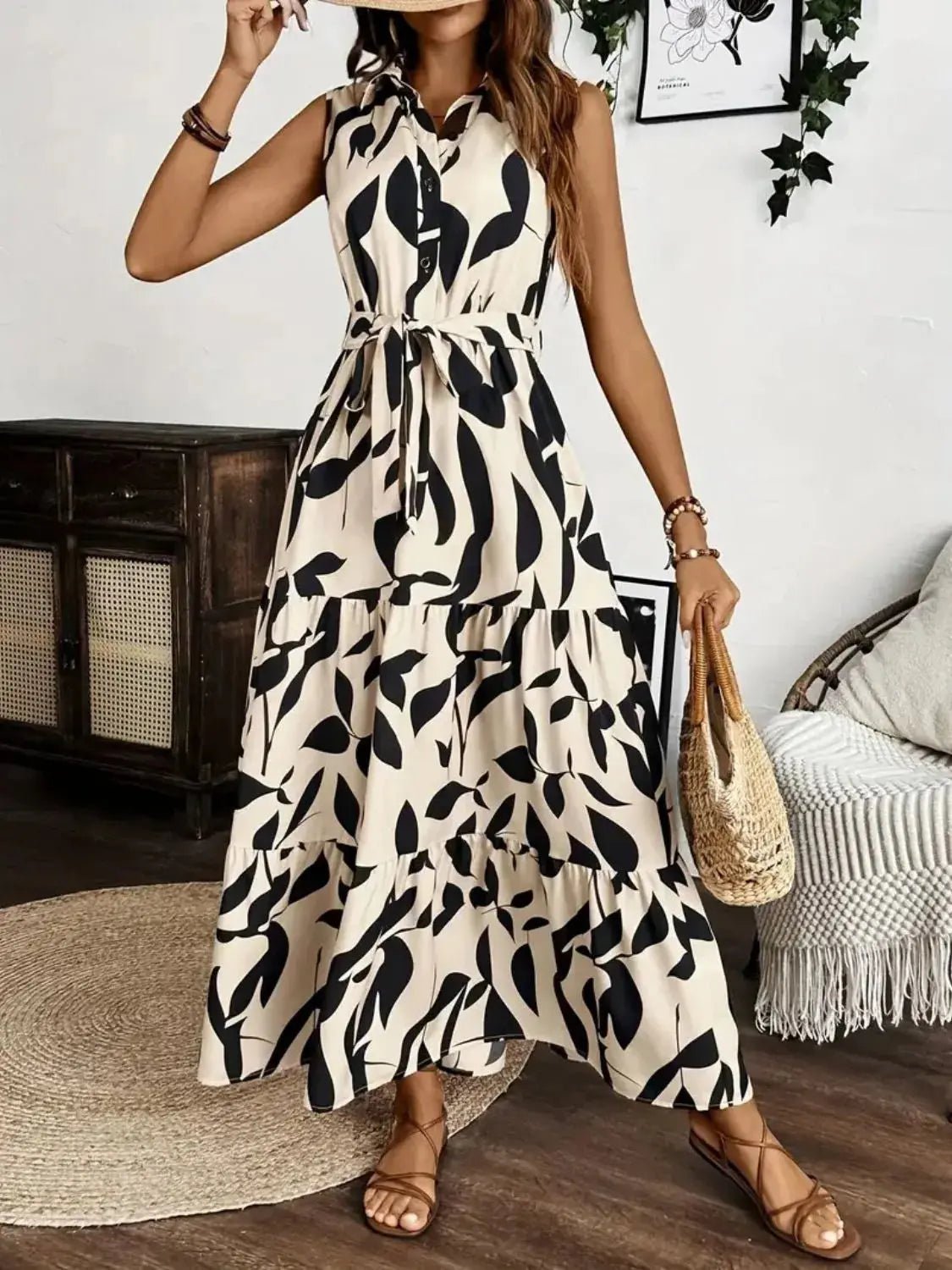 Printed Tie Waist Sleeveless Maxi Dress - Charmdeals