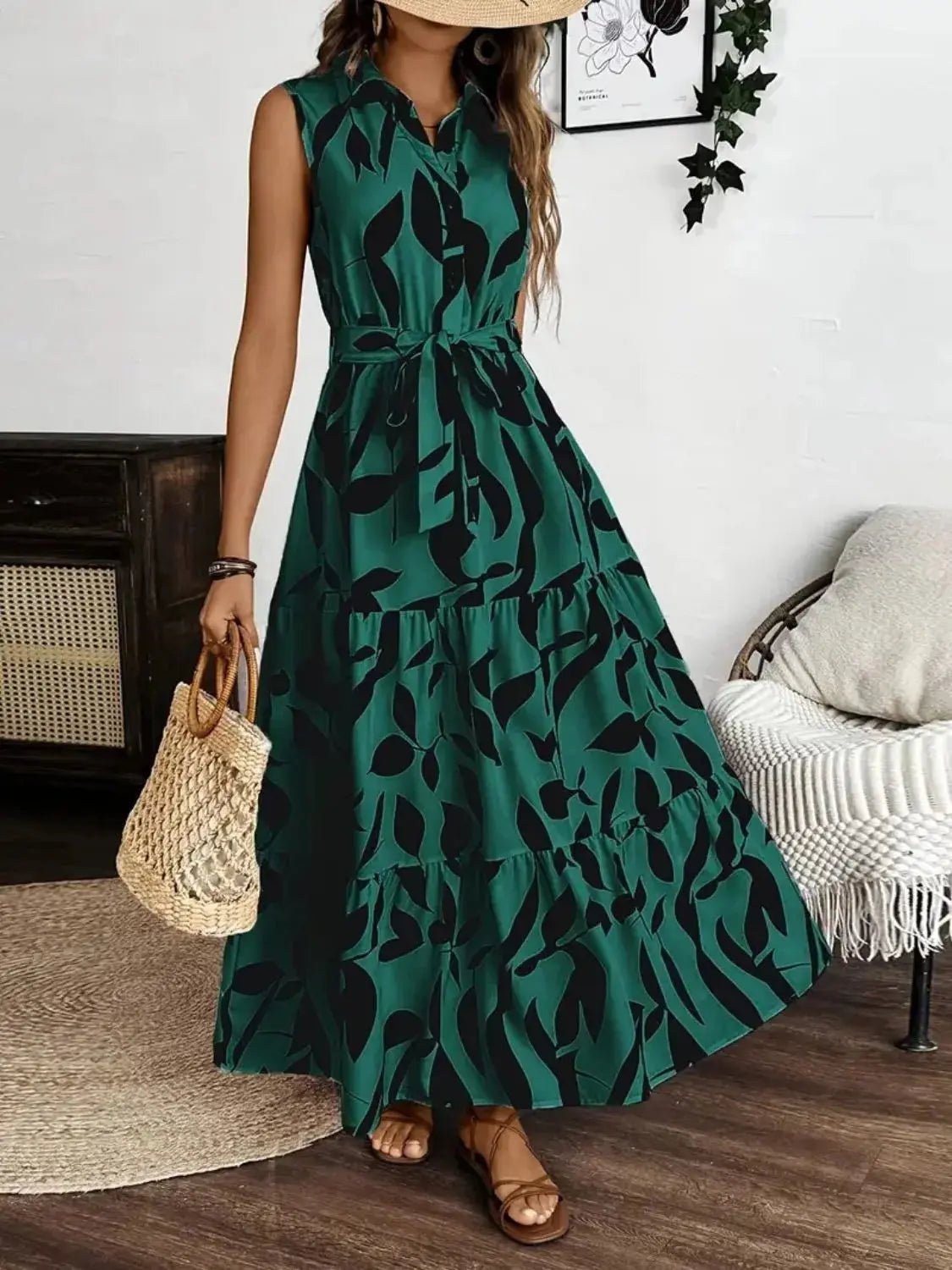 Printed Tie Waist Sleeveless Maxi Dress - Charmdeals