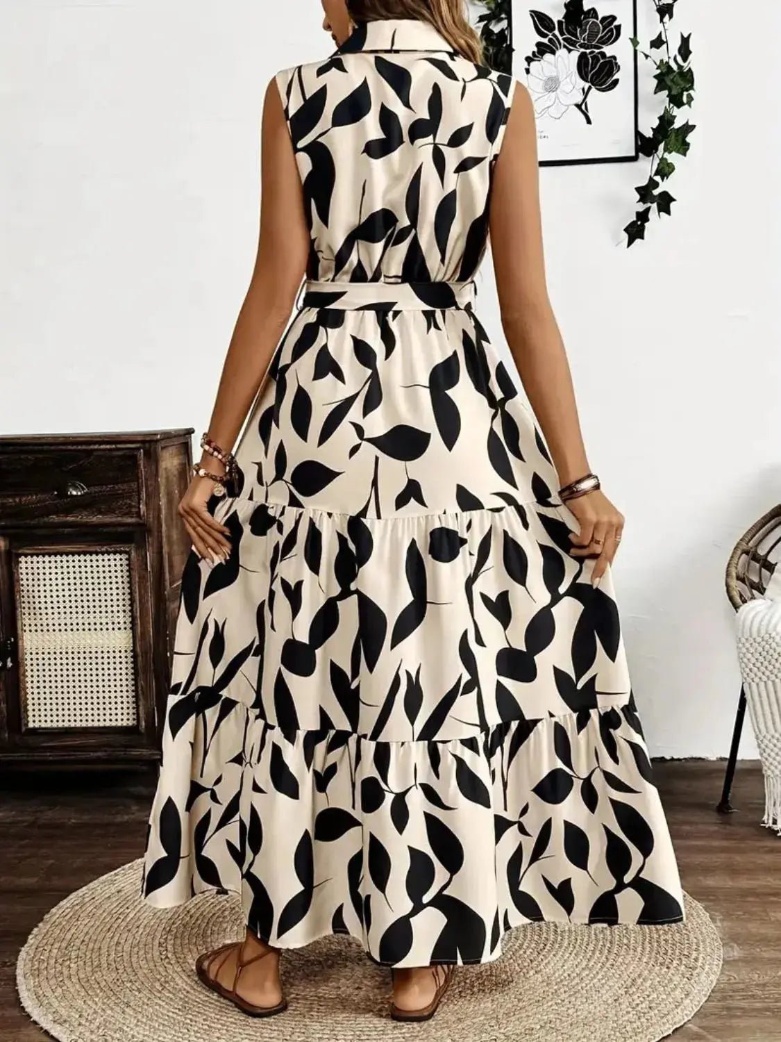 Printed Tie Waist Sleeveless Maxi Dress - Charmdeals